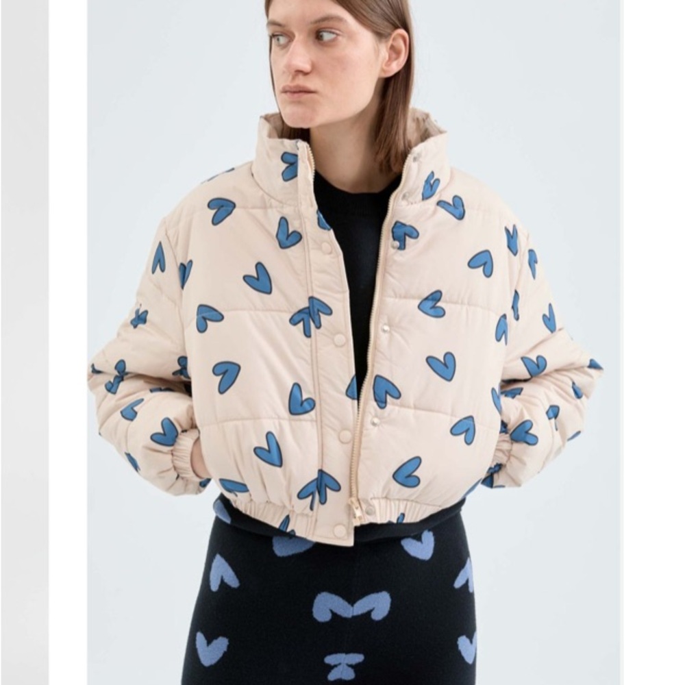 Compania Fantastica Cream and Blue Heart Print Women's Jacket - Size XS